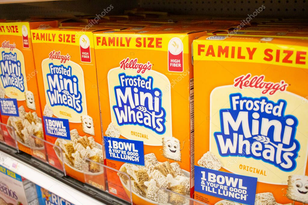 Los Angeles, California, United States - 03-18-2021: A view of several boxes of Kellogg's Frosted Mini Wheats cereal, on display at a local grocery store.