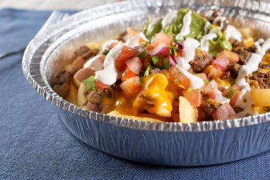 A view of a bowl of carne asada fries.