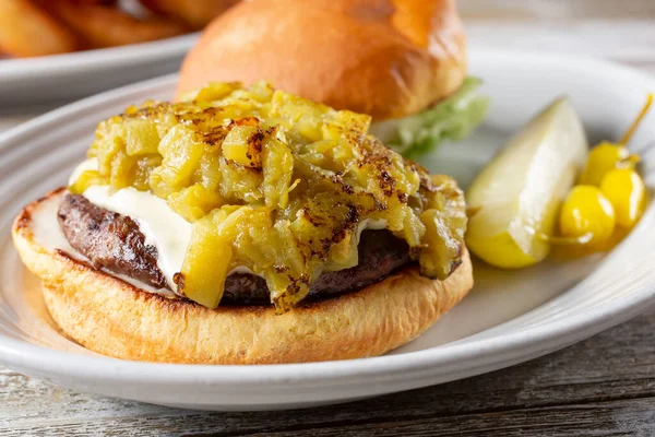 Closeup View Open Face Green Hatch Chile Cheeseburger Plate — Foto de Stock