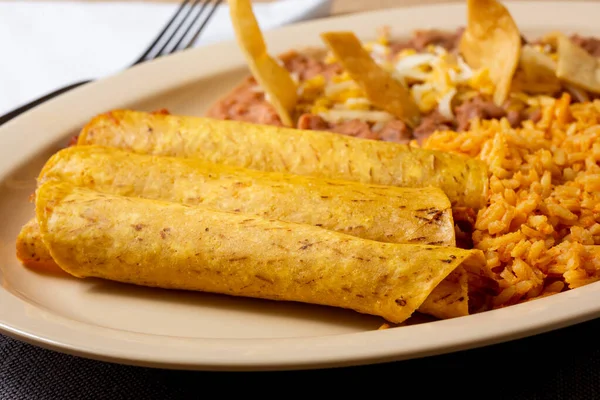 Closeup View Taquito Combo Plate Restaurant Kitchen Setting — Stock Fotó