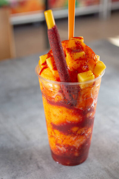 A view of a mangonada drink.