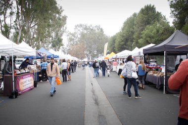 Torrance, California, ABD - 02-23-2020: Torrance Sertifikalı Çiftçi Pazarı 'ndaki yiyecek tedarikçilerini ziyaret eden insanların manzarası.