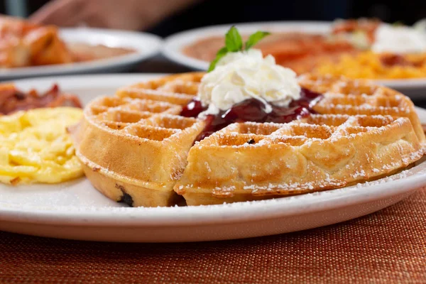 Closeup View Plate Breakfast Waffles — Stock Photo, Image