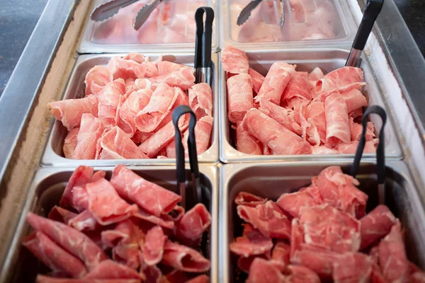 View Metal Pans Full Frozen Beef Slices Seen Local Mongolian — Stock Photo, Image
