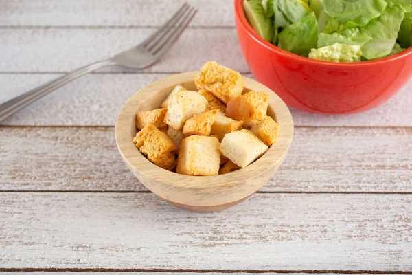 View Small Bowl Croutons Salad — Stock Photo, Image