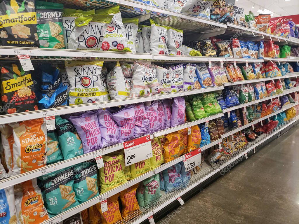 Los Angeles, California, United States - 04-26-2021: A view of the chip snack aisle, on display at a local grocery store.