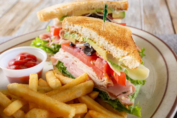 View Club Sandwich Plate Featuring Side French Fries — Stock Photo, Image