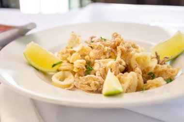 Restoranda ya da mutfak ortamında bir tabak kızarmış kalamar manzarası..