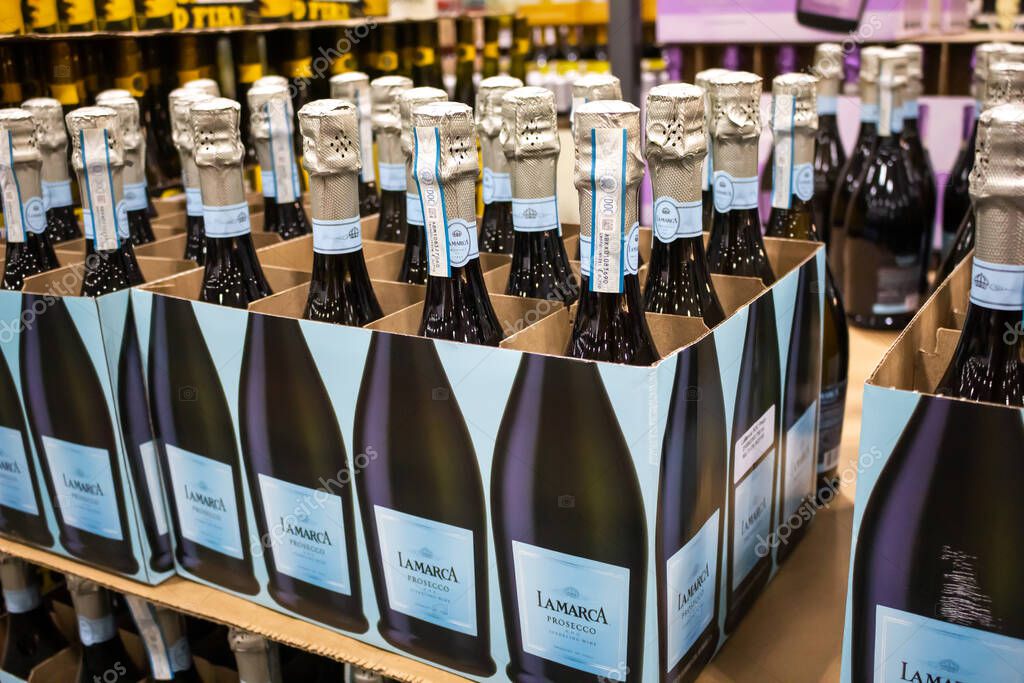 Marina Del Rey, California/United States - 01/23/2020: A view of several cases of bottles of LaMarca Prosecco on display at a local grocery store.