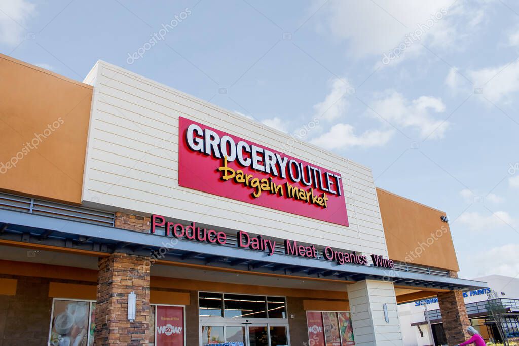 Rialto, California, United States - 02-06-2020: A store front sign for the grocery store chain known as Grocery Outlet Bargain Market.