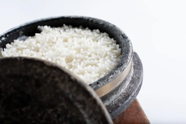 Una Vista Del Arroz Blanco Cocinado Dentro Una Olla Piedra —  Fotos de Stock