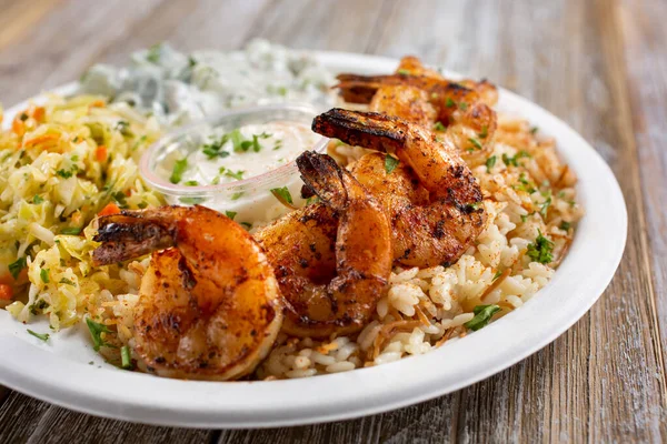 View Plate Grilled Shrimp Rice Pilaf — Stock Photo, Image