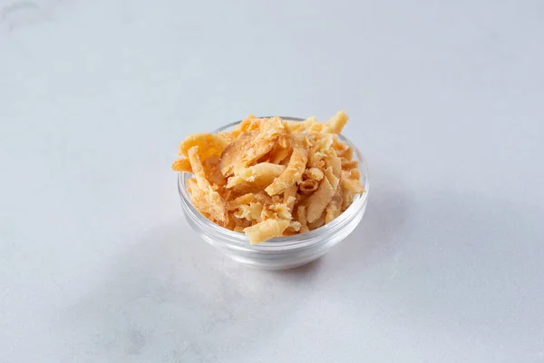 View Glass Condiment Cup Deep Fried Onions Fried Tortilla Strips —  Fotos de Stock