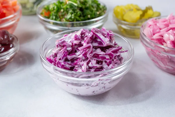 View Glass Cup Chopped Purple Cabbage Slaw Variety Other Chopped — Stock fotografie