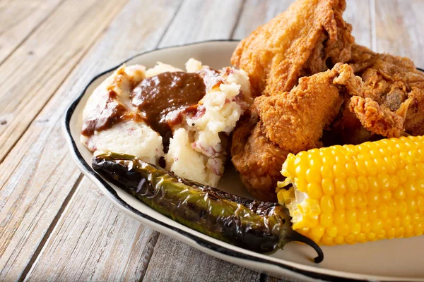 View Plate Deep Fried Chicken Mashed Potatoes — ストック写真