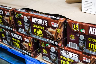 Tustin, California/United States - 02/08/2020: A view of several cases of Hershey's chocolate milk drink cartons on display at a local big box grocery store.