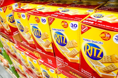 Tustin, California, United States - 02-08-2020: A view of several boxes of Ritz Handi Snacks on display at a local big box grocery store.