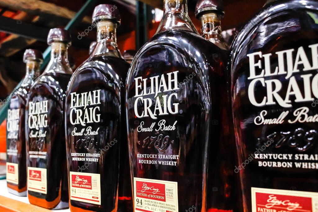 Tustin, California/United States - 02/08/2020: A view of several bottles of Elijah Craig Small Batch whiskey on display at a local big box grocery store.
