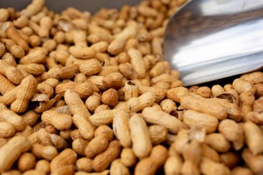 Metal kepçeli kabuklu fıstıkların yakın çekim görüntüsü..