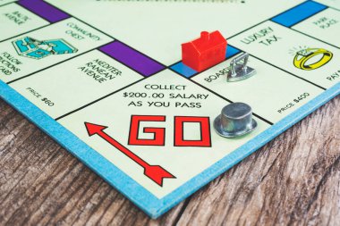 Los Angeles, California, United States - 04-30-2020: A view of a top hat token on the Go square on a classic Monopoly board game.