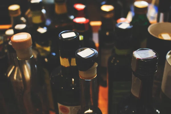 Background View Several Glass Bottles Balsamic Vinegar Olive Oil — Stock Photo, Image