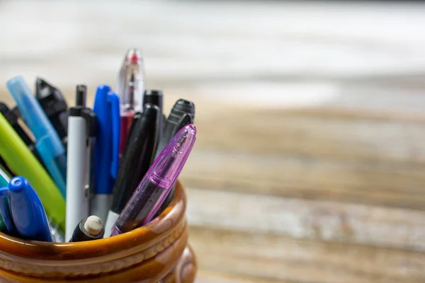 Closeup View Cup Full Pens Background Seen Left Side Frame — Fotografia de Stock