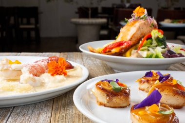 Deniz ürünleri, deniz tarakları, ıstakoz kuyruğu ve somon balığı içeren çeşitli gurme manzarası.