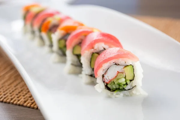 Closeup View Rainbow Roll Sushi Plate — Stock fotografie