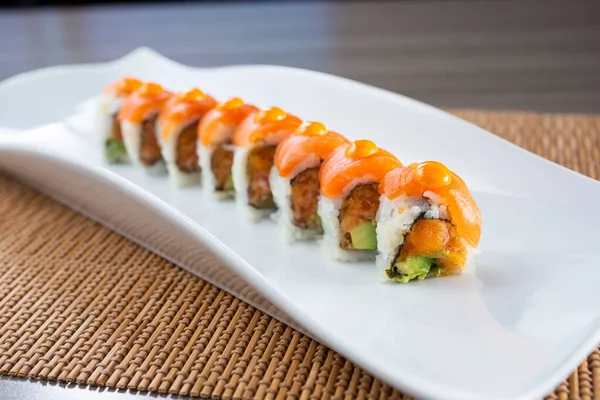 View Orange Dragon Roll Sushi Plate — Stock fotografie