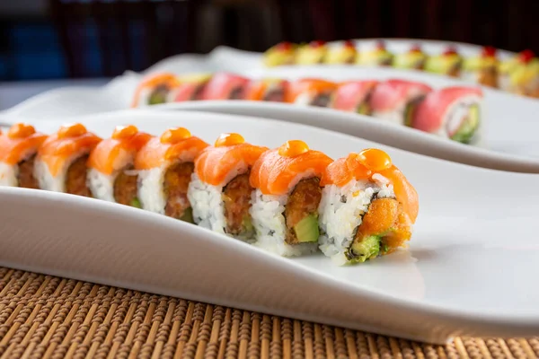 Closeup View Several Sushi Roll Platters — Stock fotografie