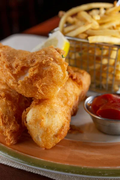 Closeup View Plate Fish Chips — Photo