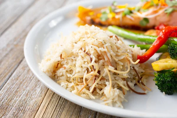 Closeup View Side Rice Pilaf Part Restaurant Entree — Stok fotoğraf