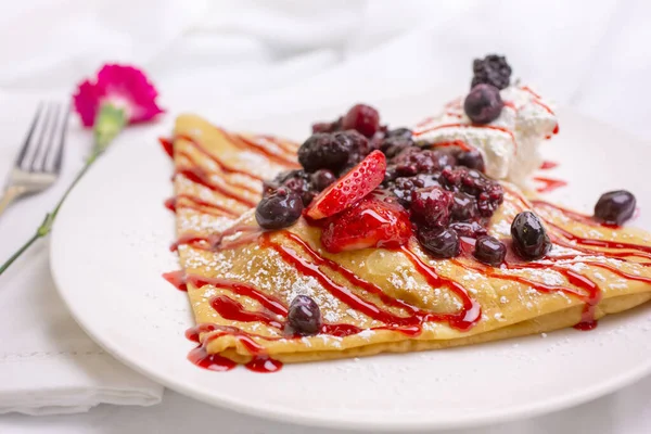 View French Crepe Featuring Berries Syrup Whipped Cream — Stock Photo, Image