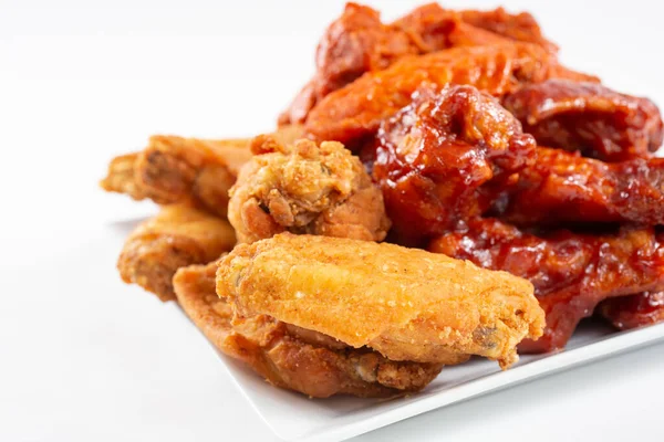 View Plate Chicken Wings Sampler Featuring Flavors Buffalo Bbq Sauce — Foto de Stock