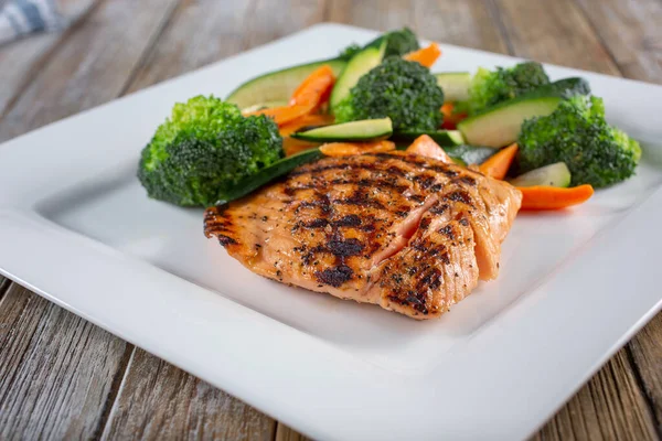 View Plate Grilled Salmon Steamed Vegetables — Stok fotoğraf