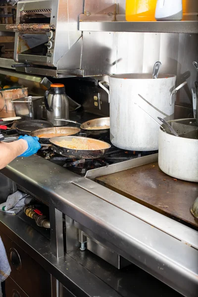 View Restaurant Kitchen Hands Cook Prepares Several Pans Ingredients Next — Fotografia de Stock