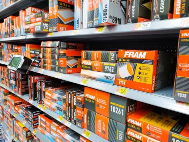 Los Angeles, California/United States - 07/01/2020: A view of several varieties of Fram filter system products, on display at a local department store.