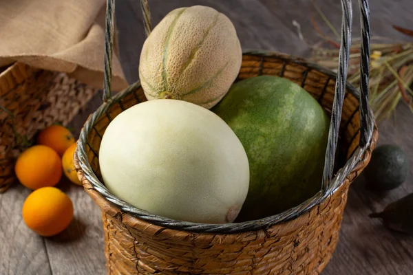 View Several Melons Basket Still Life Setting Melons Featured Include — Stock Photo, Image