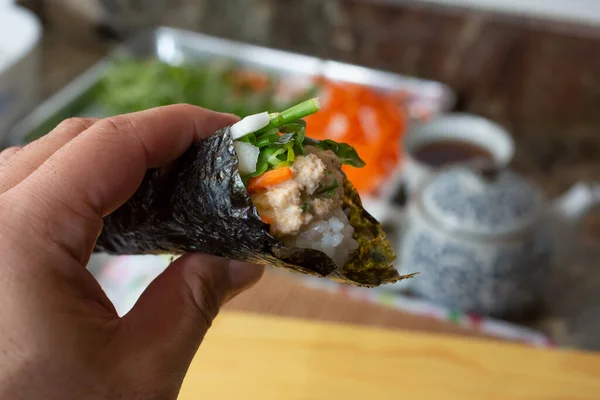 View Hand Holding Order Temaki Hand Roll — Stock Photo, Image