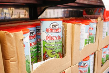Los Angeles, Kaliforniya / ABD - 07 / 22 / 2020: Yerel büyük bir markette sergilenen çok sayıda Dairyland Piknik beyaz peyniri konteynırının manzarası.