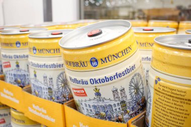Los Angeles, California, United States - 07-22-2020: A view of several small kegs of Hofbrau Munchen Oktoberfestbier, on display at a local big box grocery store.