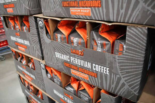 Irvine, California/United States - 09/01/2020: A view of several packages of Laird Superfoods ground Peruvian coffee, on display at a local big box grocery store.