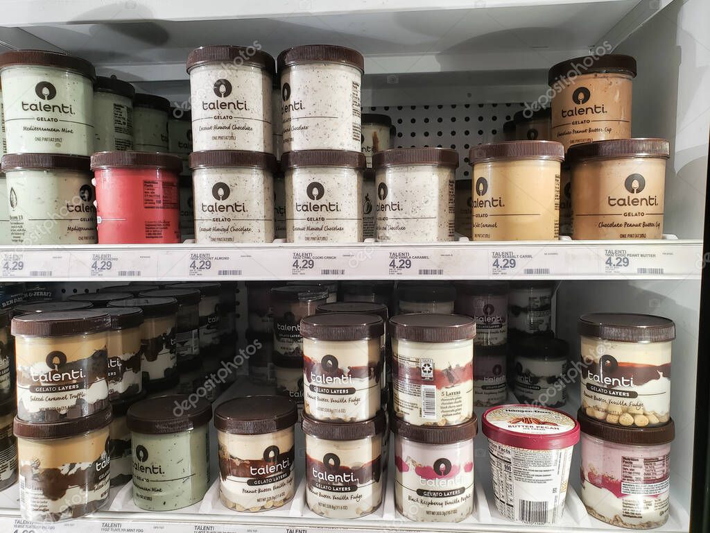 Los Angeles, California/United States - 07/22/2020: A view of several containers of Talenti gelato, on display at a local grocery store.