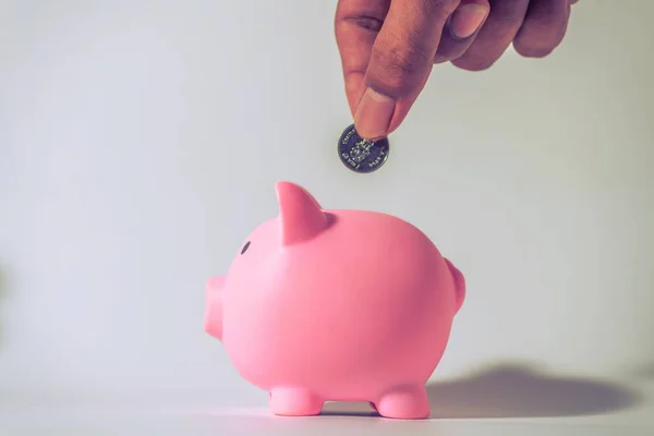Save money and account banking for finance concept, Hand with piggy bank and coin on blurred background, Save Monney for Investors Using Internet to Trade Stocks or Trade Fund