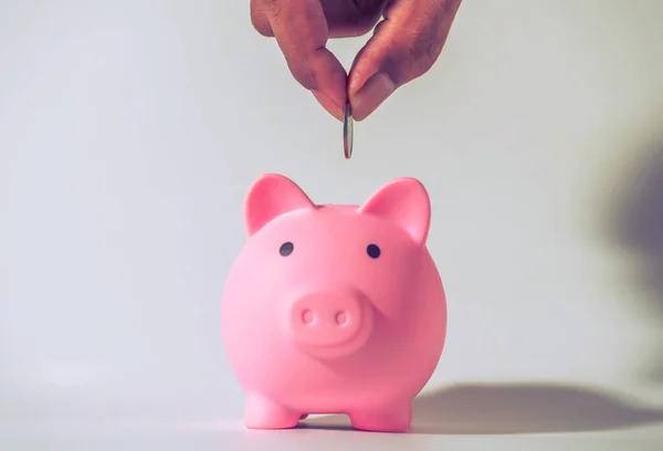 Save money and account banking for finance concept, Hand with piggy bank and coin on blurred background, Save Monney for Investors Using Internet to Trade Stocks or Trade Fund