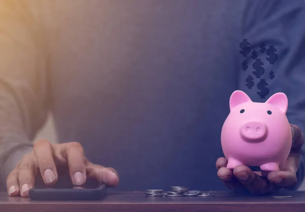 Save money and account banking for finance concept, Piggy bank with coin on blurred background, Save Monney for Investors Using Internet to Trade Stocks or Trade Fund
