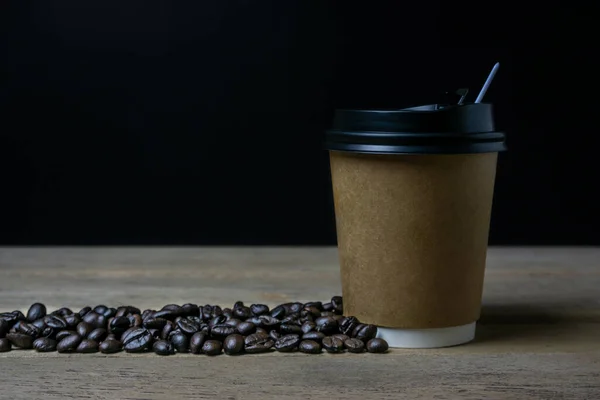 Cup Coffee Coffee Bean Hot Coffee Wooden Background Dark Tone — Stockfoto