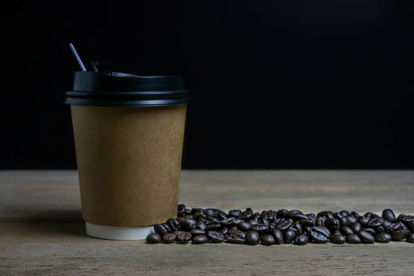 Cup Coffee Coffee Bean Hot Coffee Wooden Background Dark Tone — Stockfoto