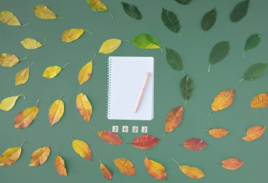 Kırmızı, yeşil ve sarı yapraklar yaşam hareketi gibi bir çember oluşturuyorlar ya da yeşil zemin üzerinde düz zemin üzerinde bir yıl döngüsü konsepti ve ortada 2022 küp ve planlayıcı notlar ve kalem.