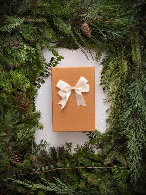 Ev yapımı beyaz telif alanı ve kozalaklı brunch 'lar ve köşelerde güzelce düzenlenmiş düz koniler. Kendin yap. Minimalizm doğal sanat geri dönüşümlü ambalaj hediyeli ve yaylı.